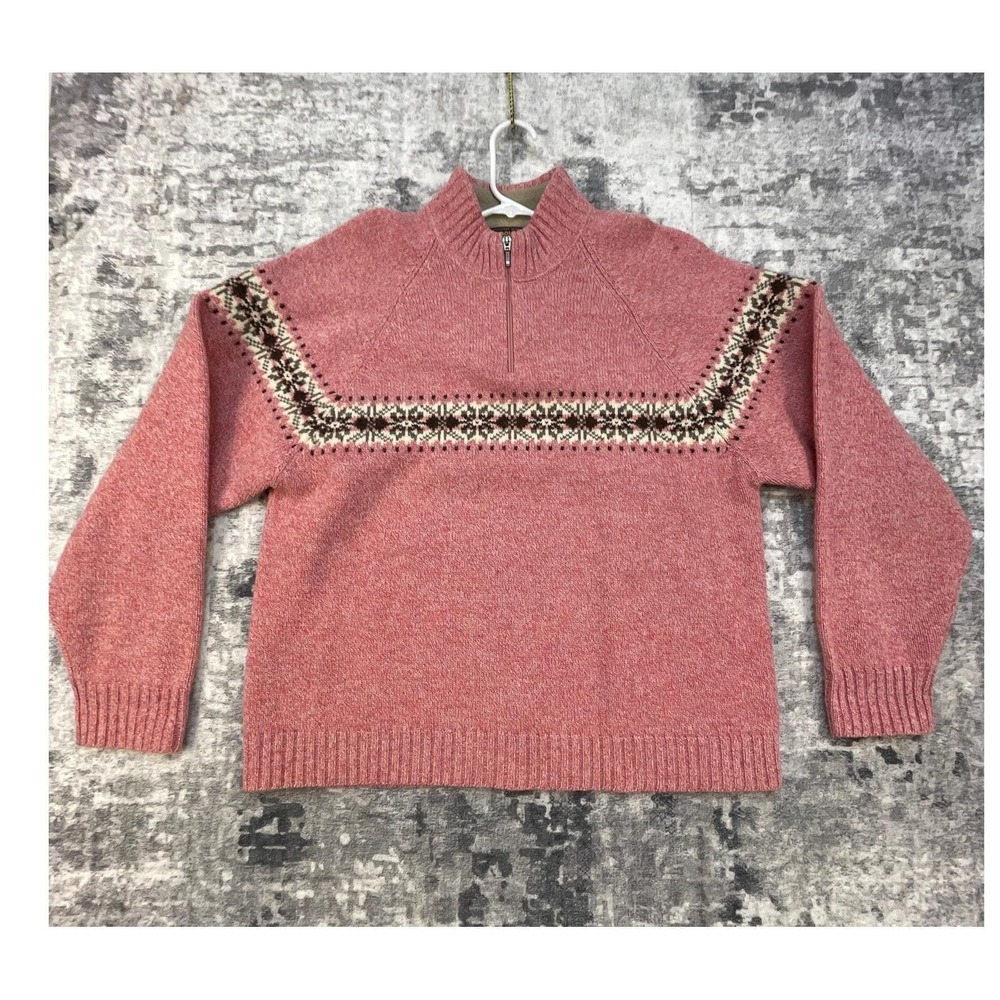 Vtg Woolrich Women XL 1/4 Zip Sweater Nordic Fair Isle Pink Grandmacore Gorpcore